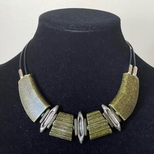 Handmade in Greece olive green ceramic, silver tone beads leather cord necklace